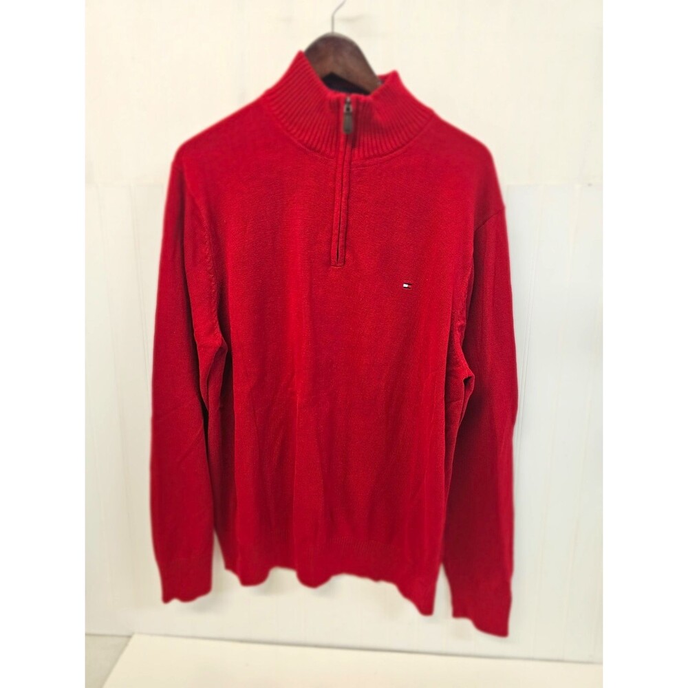 Tommy Hilfiger Mens Red Solid Knit Mock Neck 1/4 Zip Pullover Sweater Logo XL